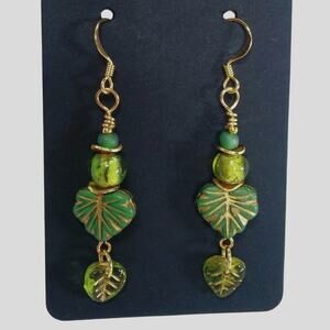 Artisan Czech Glass Dangle Earrings Green Etched Leaves Gold Tone Earthy Serene